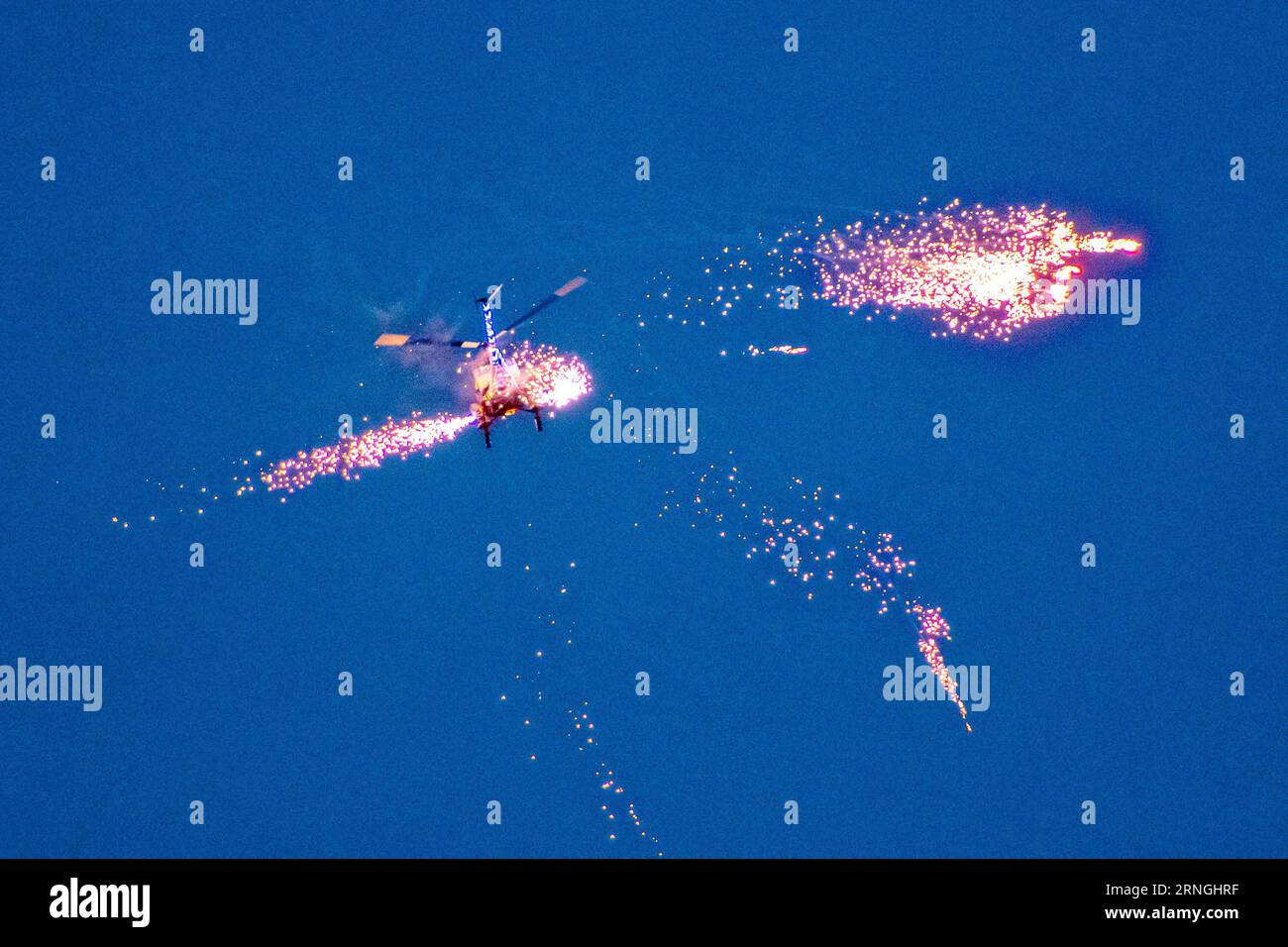 Bournemouth, Dorset, UK.  1st September 2023.  Otto the helicopter performing a spectacular aerial fireworks display during the night air at the Bournemouth Air Festival in Dorset.  Picture Credit: Graham Hunt/Alamy Live News Stock Photo