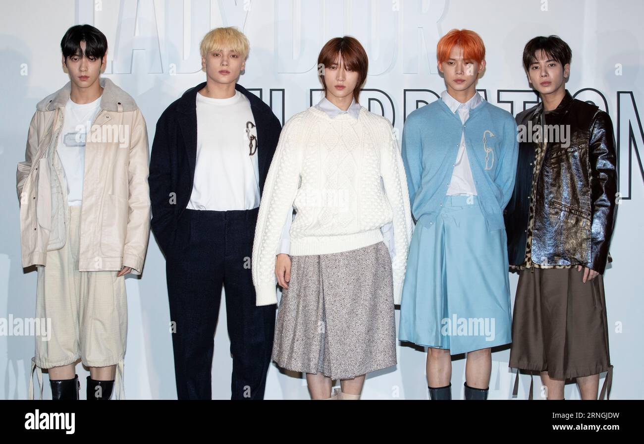 Seoul, South Korea. 1st Sep, 2023. South Korean K-Pop boy band TXT  (Tomorrow X Together) attends a photocall for the DIOR Lady Dior  Celebration Exhiibition in Seoul, South Korea on September 1
