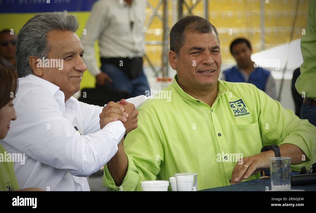 (161002) -- QUITO, Oct. 1, 2016 -- Ecuadorean President Rafael Correa (R) and former Vice President Lenin Moreno take part in the National Convention of the ruling PAIS Alliance Movement in Quito, Ecuador, on Oct. 1, 2016. The PAIS Alliance Movement on Saturday declared Lenin Moreno as the presidential candidate for the next general election. ) (zy) ECUADOR-QUITO-RULING PARTY-PRESIDENTIAL CANDIDATE SantiagoxArmas PUBLICATIONxNOTxINxCHN   Quito OCT 1 2016 Ecuadorean President Rafael Correa r and Former Vice President Lenin Moreno Take Part in The National Convention of The ruling Pais Alliance Stock Photo