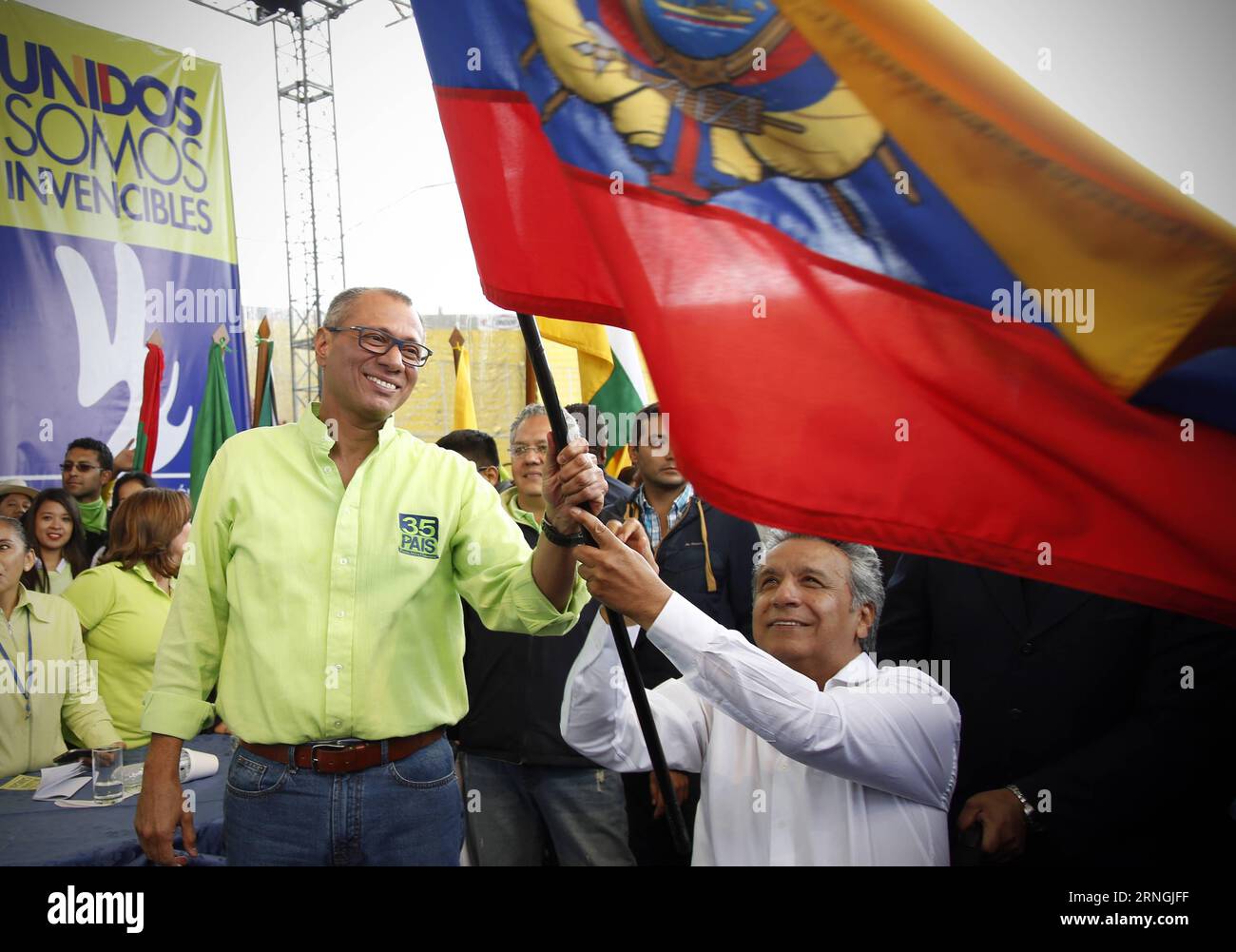 (161002) -- QUITO, Oct. 1, 2016 -- Ecuadorean Vice President Jorge Glas (L) and former Vice President Lenin Moreno (R) take part in the National Convention of the ruling PAIS Alliance Movement in Quito, Ecuador, on Oct. 1, 2016. The PAIS Alliance Movement on Saturday declared Lenin Moreno as presidential candidate for the next general election. ) (zy) ECUADOR-QUITO-RULING PARTY-PRESIDENTIAL CANDIDATE SantiagoxArmas PUBLICATIONxNOTxINxCHN   Quito OCT 1 2016 Ecuadorean Vice President Jorge Glass l and Former Vice President Lenin Moreno r Take Part in The National Convention of The ruling Pais Al Stock Photo