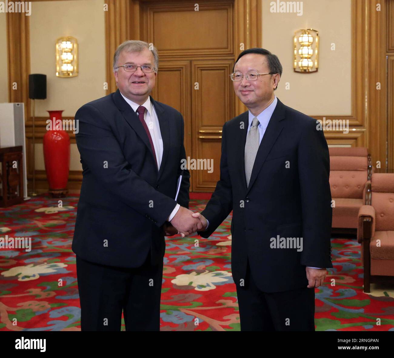 (161009) -- BEIJING, Oct. 9, 2016 -- Chinese State Councilor Yang Jiechi (R) meets with his Lithuanian counterpart Alminas Maciulis in Beijing, capital of China, Oct. 9, 2016. )(mcg) CHINA-LITHUANIA-YANG JIECHI-MEETING (CN) LiuxWeibing PUBLICATIONxNOTxINxCHN   Beijing OCT 9 2016 Chinese State Councilors Yang Jiechi r Meets With His Lithuanian Part  Maciulis in Beijing Capital of China OCT 9 2016 McG China Lithuania Yang Jiechi Meeting CN LiuxWeibing PUBLICATIONxNOTxINxCHN Stock Photo