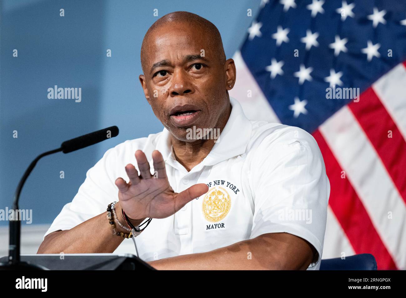 New York, United States. 01st Sep, 2023. New York City Mayor Eric Adams (D) speaking about public safety in New York City at a press briefing at City Hall in New York City. Credit: SOPA Images Limited/Alamy Live News Stock Photo