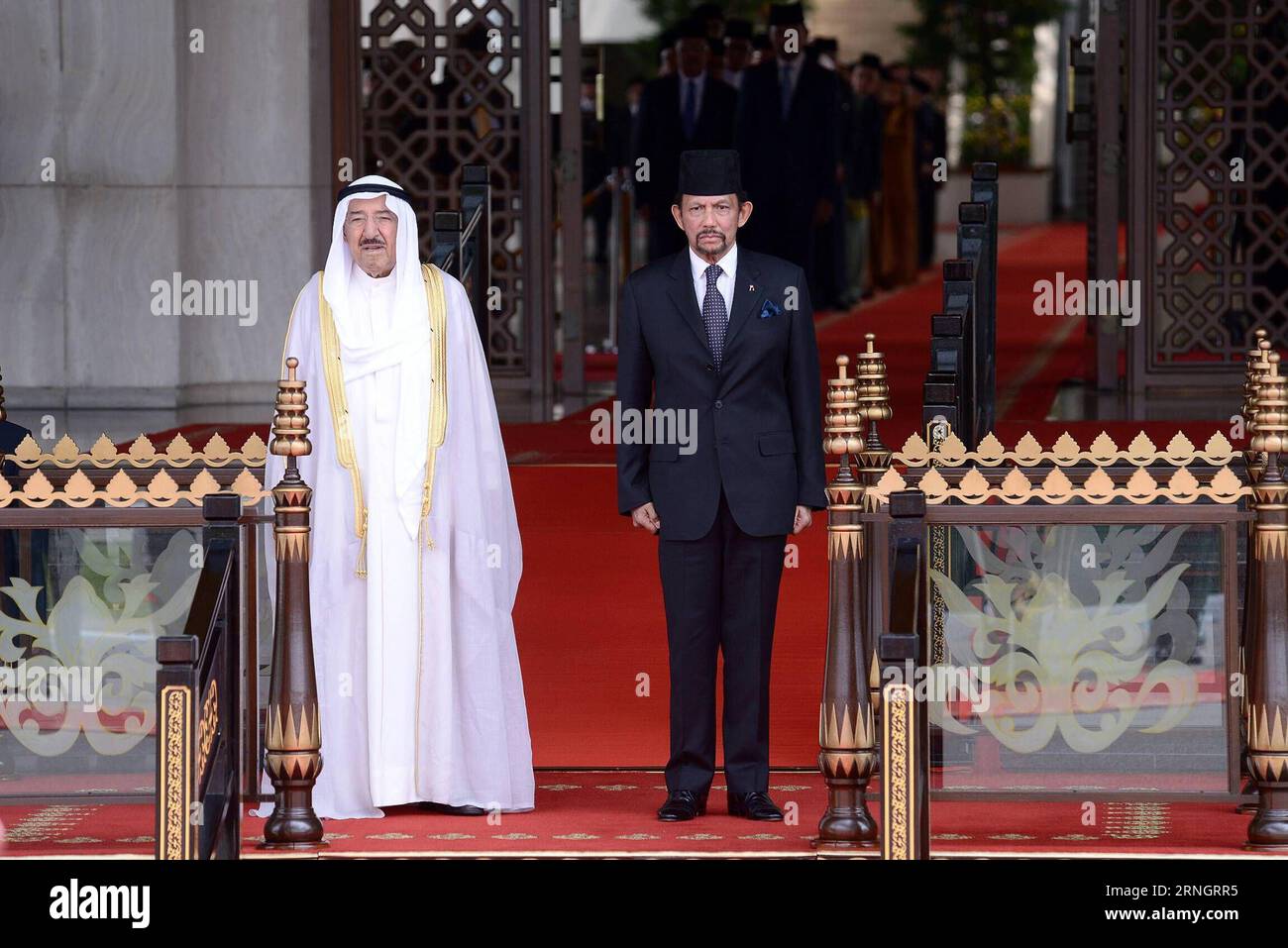 (161011) -- BANDAR SERI BEGAWAN, Oct. 11, 2016 -- The Emir of Kuwait Sheikh Sabah Al-Ahmad Al-Jaber Al-Sabah (L) is welcomed in a ceremony held by Brunei s Sultan Haji Hassanal Bolkiah at the Istana Nurul Iman palace in Bandar Seri Begawan, capital of Brunei, on Oct. 11, 2016. The Emir of Kuwait Sheikh Sabah Al-Ahmad Al-Jaber Al-Sabah touched down in Brunei Tuesday afternoon for his first state visit to the sultanate. ) (lr) BRUNEI-BANDAR SERI BEGAWAN-KUWAIT-EMIR-STATE VISIT JeffreyxWong PUBLICATIONxNOTxINxCHN Stock Photo