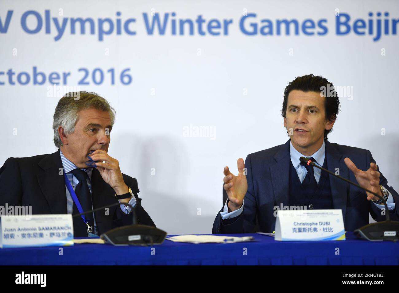 -- BEIJING, Oct. 12. 2016 -- Christophe Dubi (R), the IOC s executive director of the Olympic Games speaks during the press conference for the 1st Meeting of the IOC Coordination Commission for the XXIV Olympic Winter Games Beijing 2022 in Beijing, capital of China, Oct. 12, 2016. ) (SP)CHINA-BEIJING-2022 OLYMPIC WINTER GAMES-IOC COORDINATION COMMISSION-PRESS CONFERENCE (CN) JuxHuanzong PUBLICATIONxNOTxINxCHN   Beijing OCT 12 2016 Christophe Dubi r The IOC S Executive Director of The Olympic Games Speaks during The Press Conference for The 1st Meeting of The IOC Coordination Commission for The Stock Photo