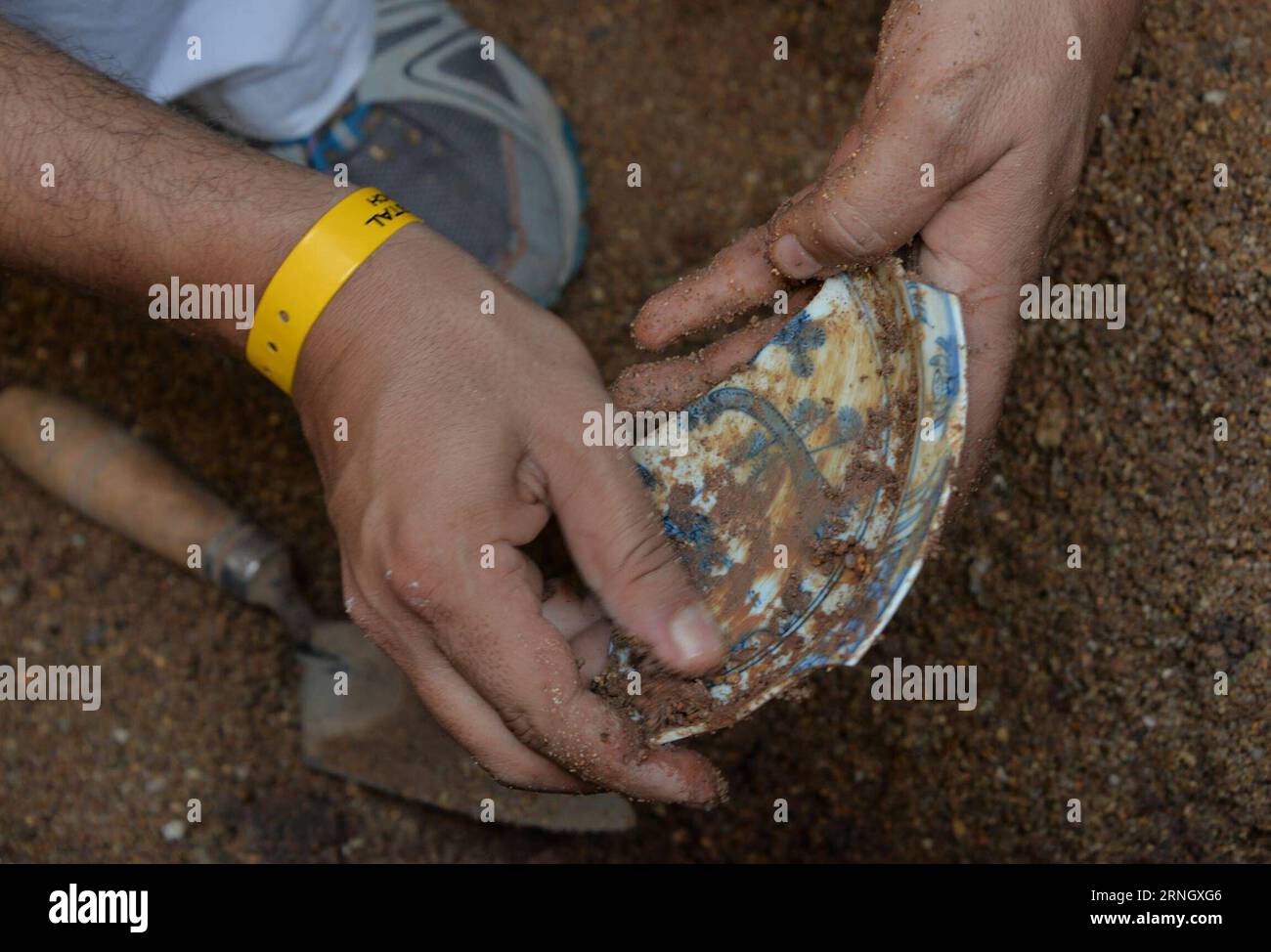 (161015) -- ACAPULCO (MEXICO), Oct. 15, 2016 -- Photo taken on Oct. 5, 2016, shows an archaeologist working on an antique Chinese porcelain fragment in the city of Acapulco, Mexico. A new archaeological find announced on Friday in Mexico attests to China s age-old vocation as an exporting powerhouse. Mexican archaeologists have uncovered thousands of fragments of a 400-year-old shipment of Chinese export-quality porcelain that was long buried in the Pacific Coast port of Acapulco. Meliton Tapia/) (lr) MEXICO-ACAPULCO-ANCIENT CHINESE EXPORT-QUALITY PORCELAIN -DISCOVERY INAH PUBLICATIONxNOTxINxC Stock Photo