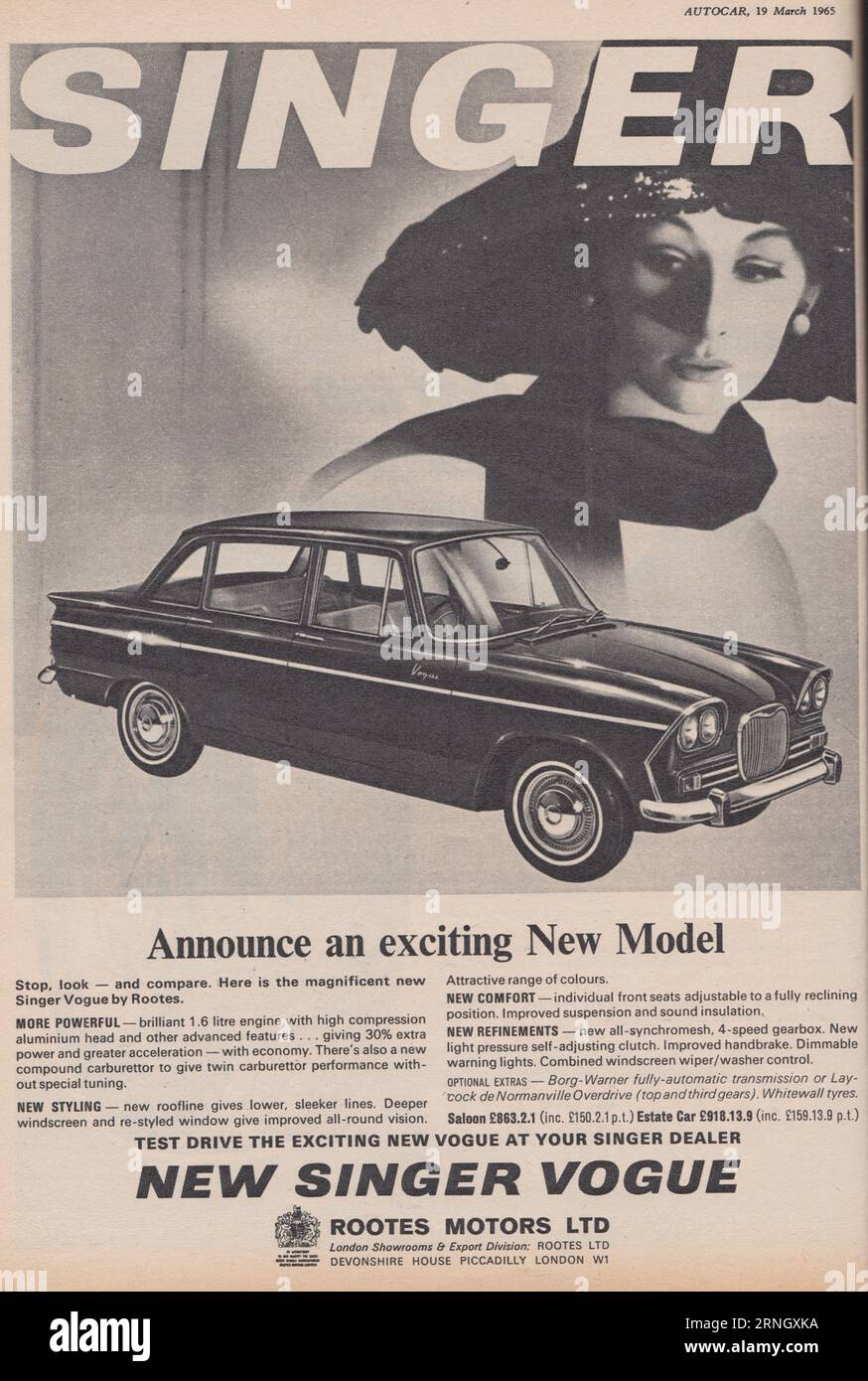 Rootes Motors Ltd vintage advert - New Singer Vogue. Stock Photo