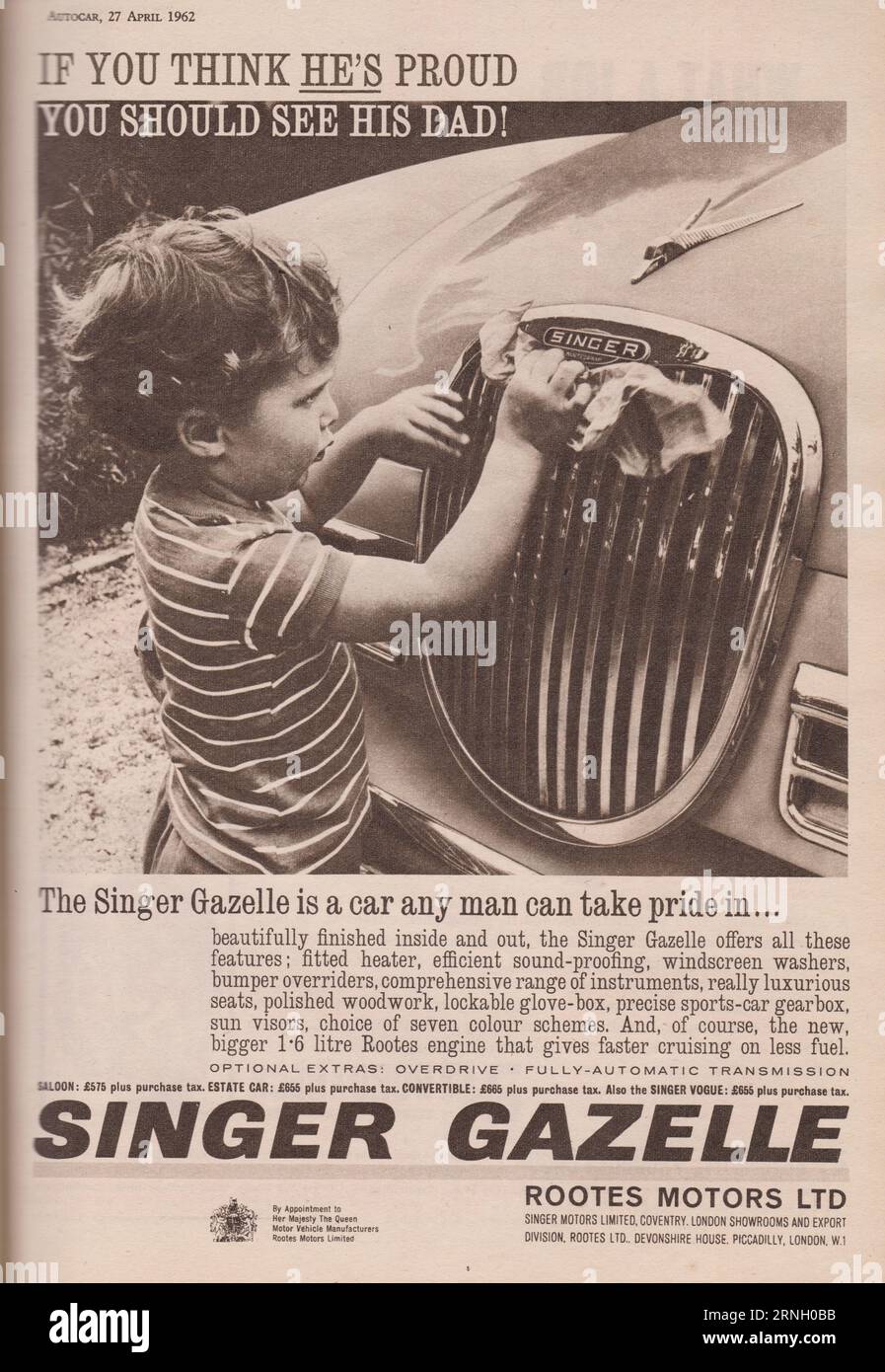 Rootes Motors Ltd vintage advert for Singer Gazelle. Stock Photo