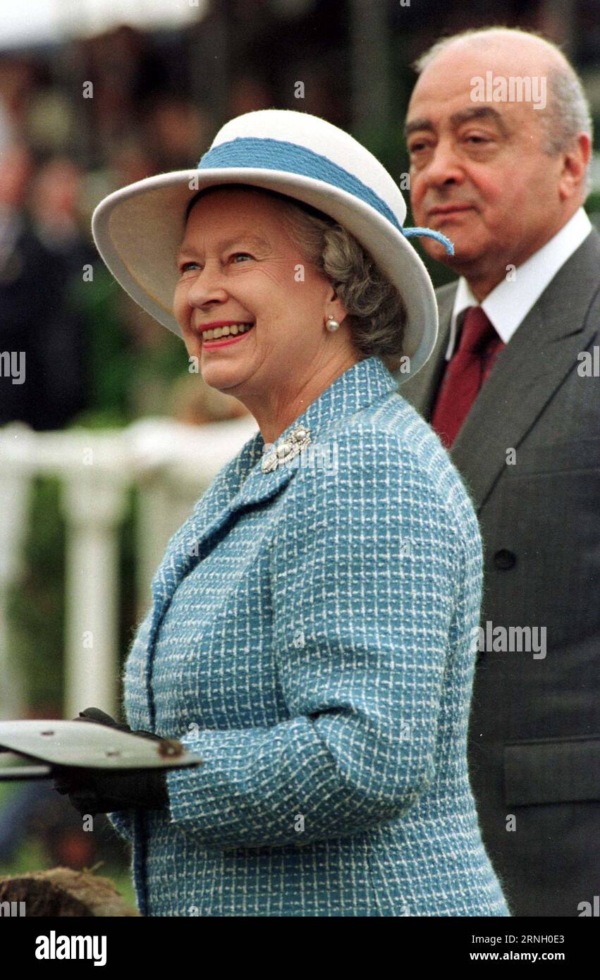 File photo dated 18/05/97 of the late Queen Elizabeth II accompanied by the then owner of Harrod's, Mohamed Al Fayed, at the Royal Windsor Horse Show. Former Harrods and Fulham FC owner Mohamed Al Fayed has died at 94, the west London football club confirmed. Issue date: Friday September 1, 2023. Stock Photo