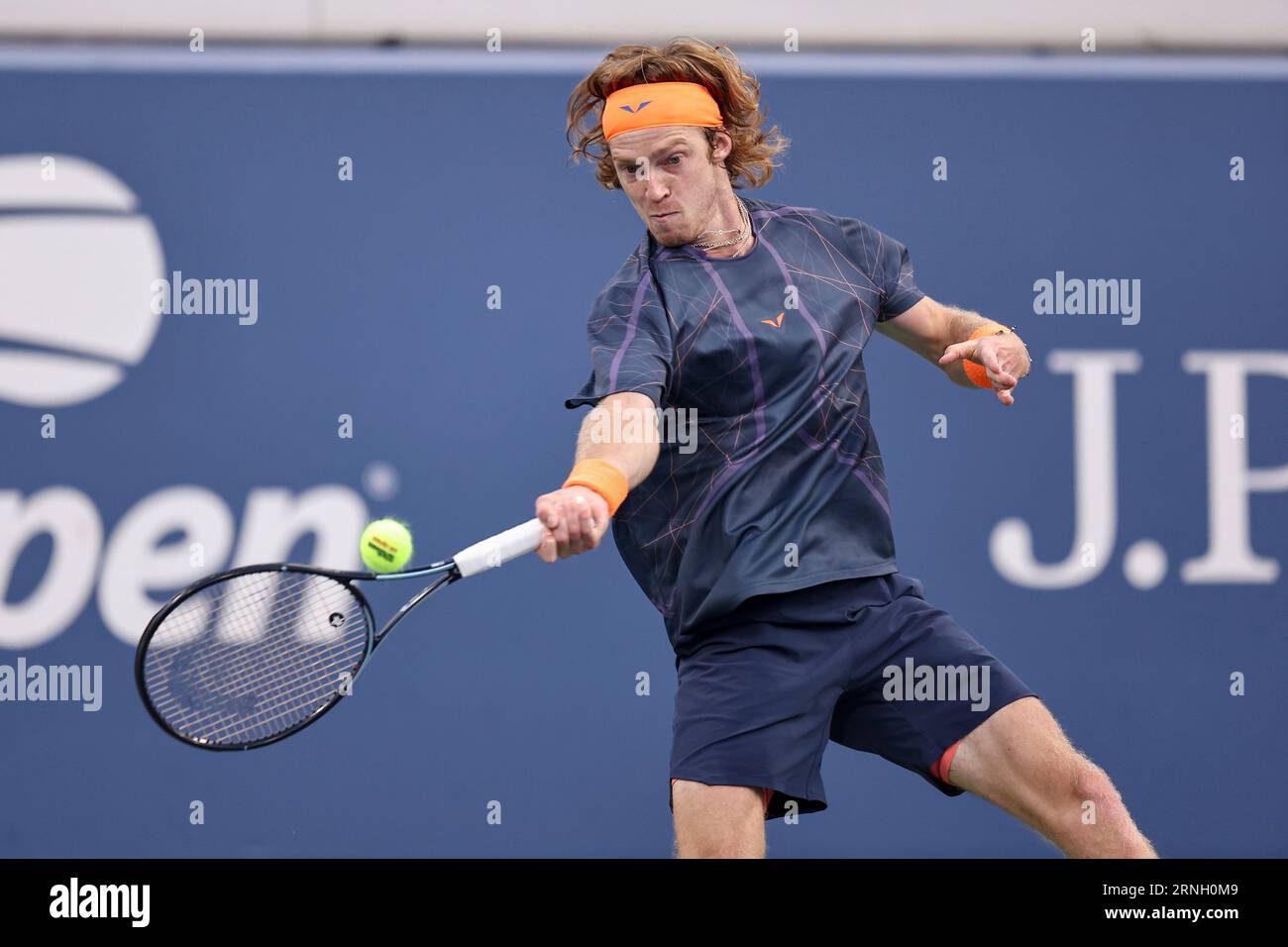Andrey Rublev in action during a mens singles match at the 2023 US Open, Thursday, Aug