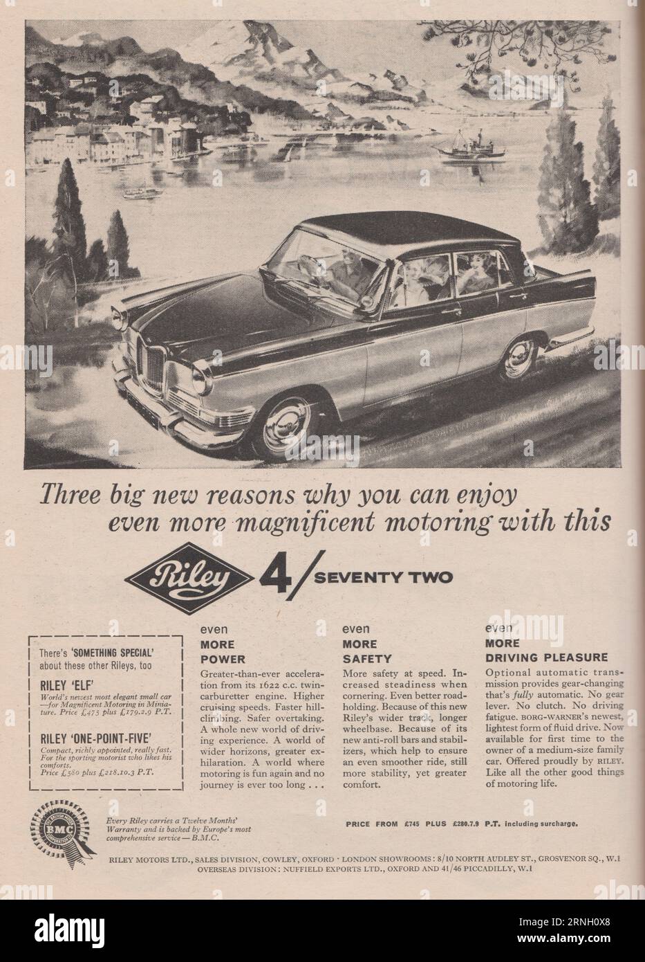 Riley Motors Ltd vintage advert - Riley 4/seventy two / Riley Elf / Riley One-Point-Five. Stock Photo