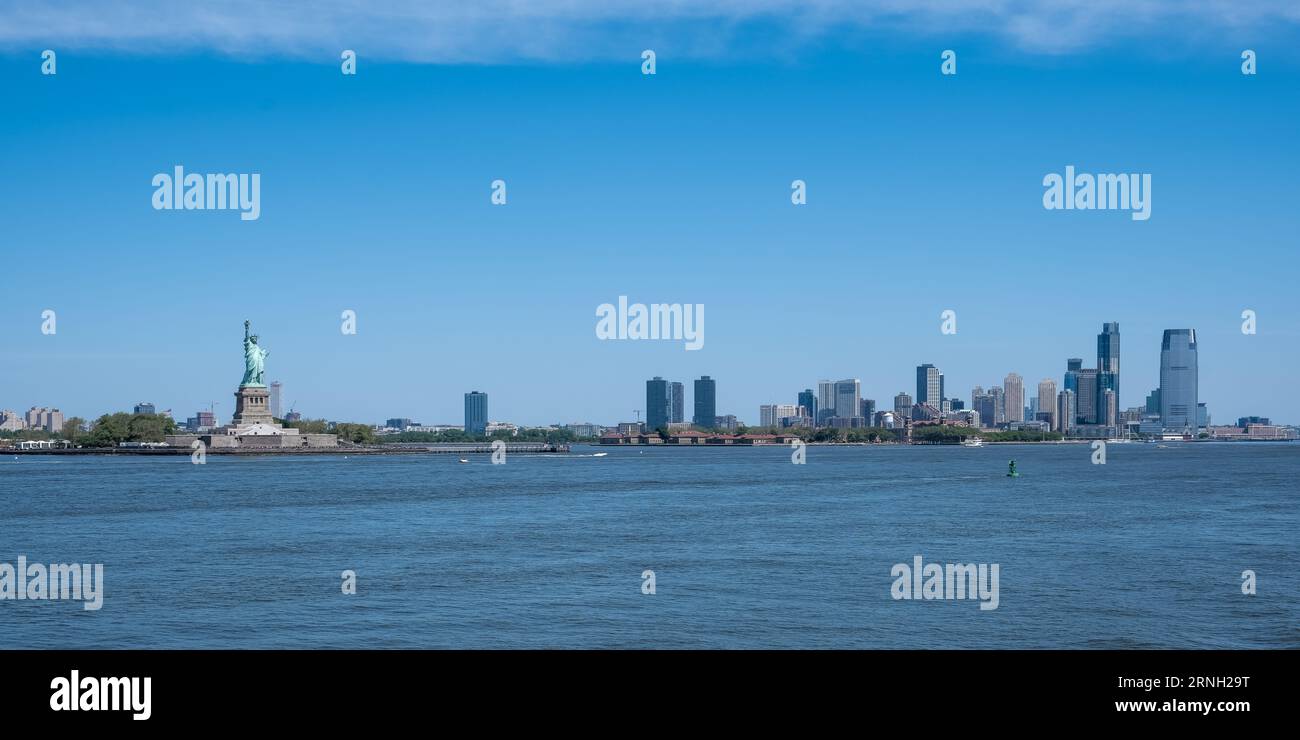 View of the Statue of Liberty, a colossal neoclassical sculpture on Liberty Island in New York