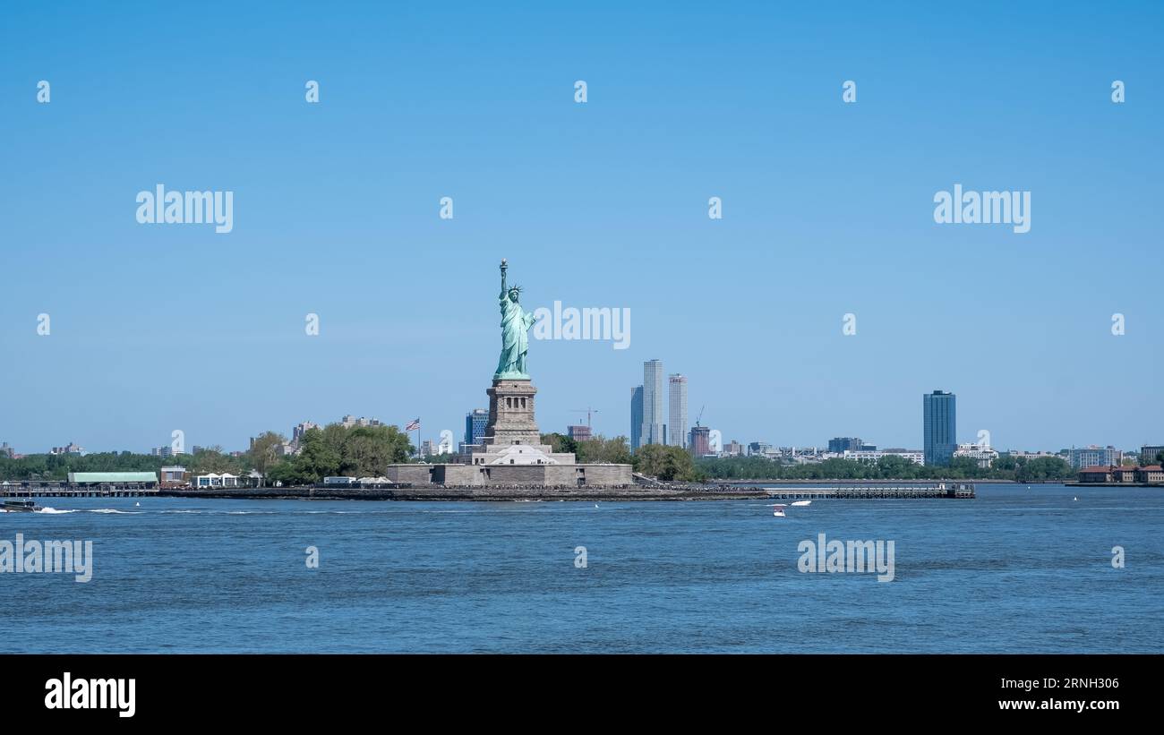View of the Statue of Liberty, a colossal neoclassical sculpture on Liberty Island in New York