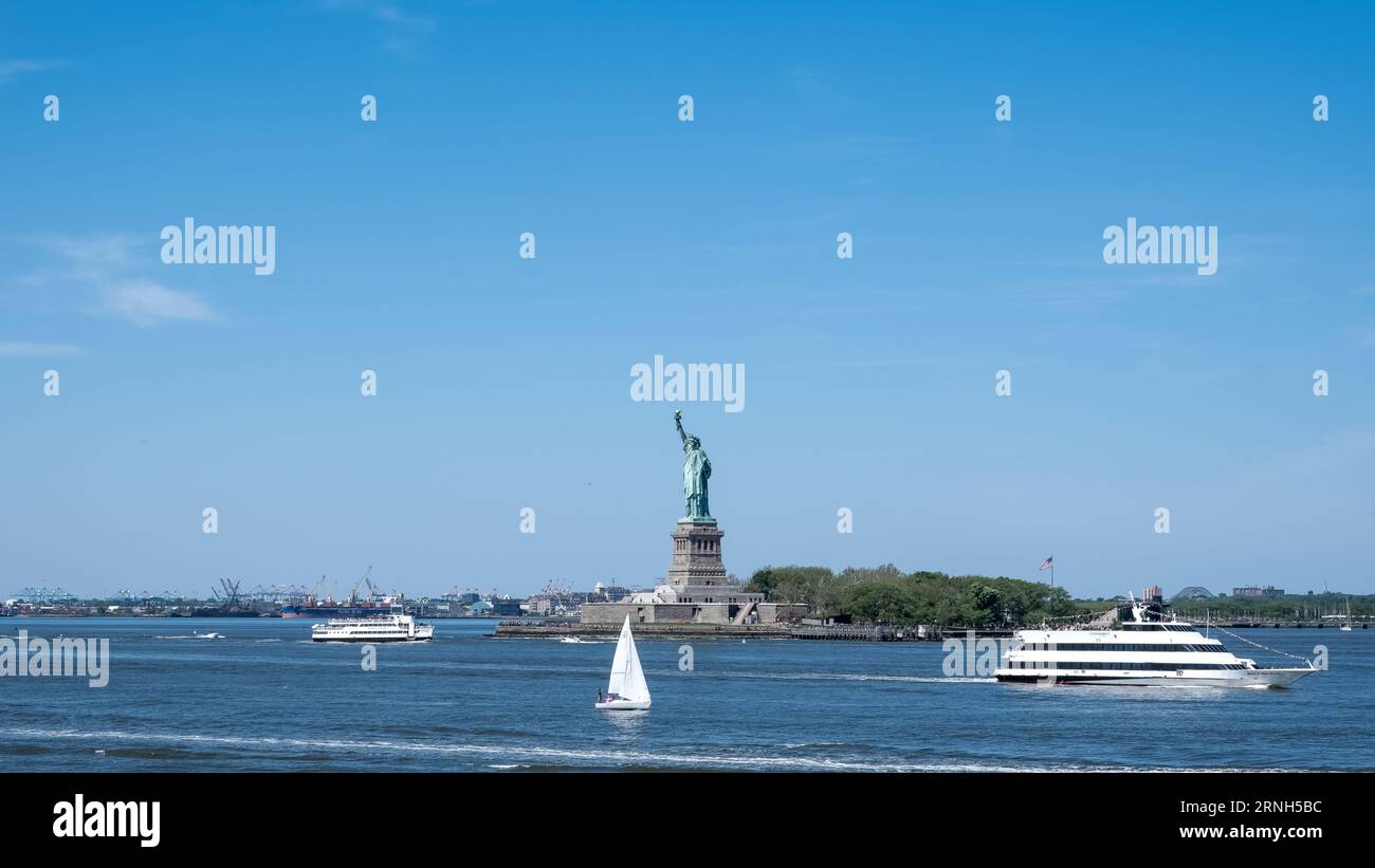 View of the Statue of Liberty, a colossal neoclassical sculpture on Liberty Island in New York