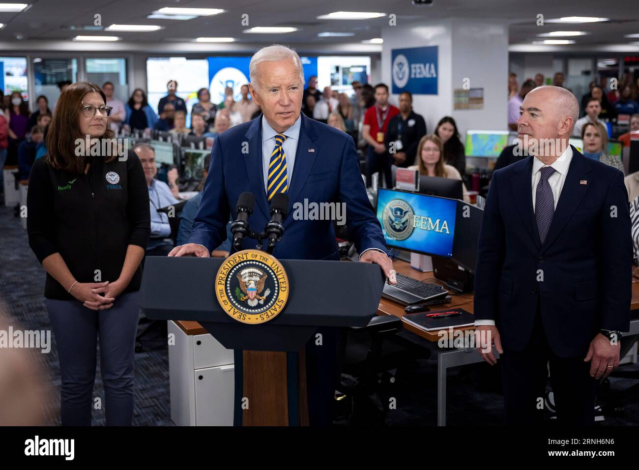 Washington, United States. 31st Aug, 2023. U.S. President Joe Biden, center, joined by Homeland Security Secretary Alejandro Mayorkas, right, and FEMA Associate Administrator for Response and Recovery Anne Blink, left, delivers remarks during a visit to the Federal Emergency Management Agency Headquarters to thank staff for their response to the wildfires in Maui and Hurricane Idalia, August 31, 2023 in Washington, DC Credit: Tia Dufour/Homeland Security/Alamy Live News Stock Photo