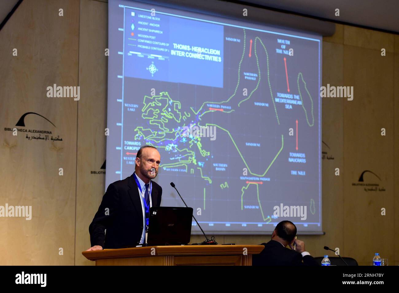 (161031) -- ALEXANDRIA, Oct. 31, 2016 -- French archaeologist Franck Goddio, renowned as the discoverer of Thonis-Heracleion delivers a presentation during the Alexandria International Conference on Maritime and Underwater Archaeology in Alexandria, Egypt on Oct. 31, 2016. A three-day international conference on underwater archaeology started Monday in Egypt s Alexandria, a city famous for its rich underwater antiquities. ) EGYPT-ALEXANDRIA-MARITIME AND UNDERWATER ARCHAEOLOGY-CONFERENCE ZhaoxDingzhe PUBLICATIONxNOTxINxCHN   Alexandria OCT 31 2016 French archaeologist Franck  renowned As The Di Stock Photo