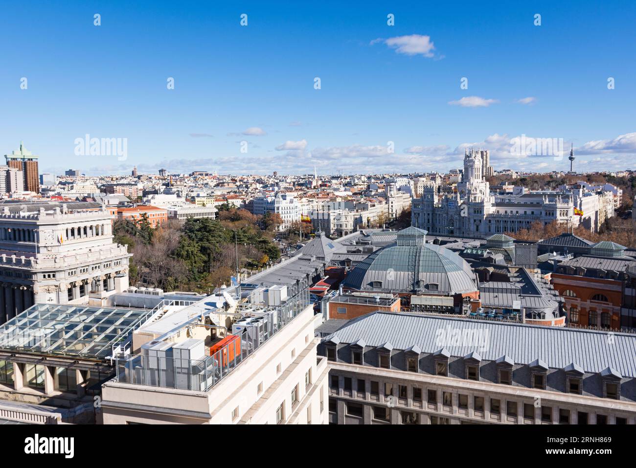 Panoramic view of the city of Madrid, Spain from the rooftop of the Circulo de Bellas Artes building. Stock Photo