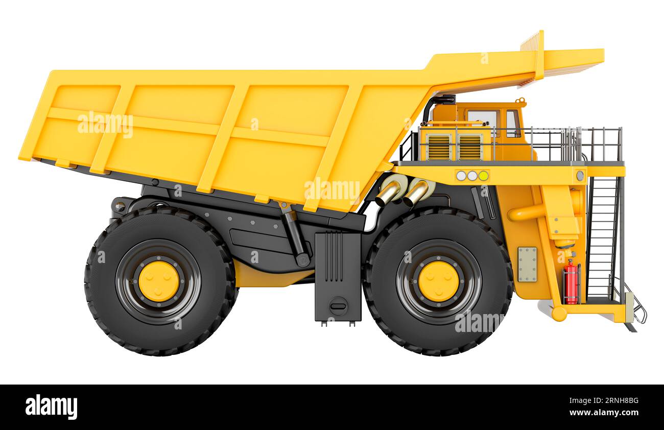 Dump truck, side view. 3D rendering isolated on white background Stock ...