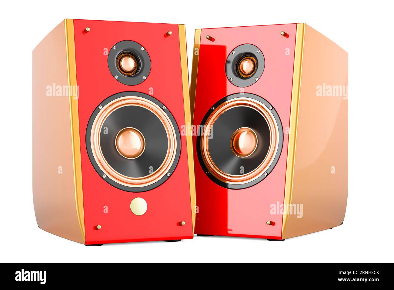 Musical Speakers, red color. 3D rendering isolated on white background Stock Photo