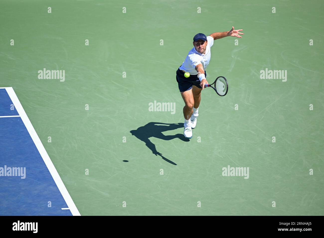 Aslan Karatsev in action during a mens singles match at the 2023 US Open, Friday, Sep