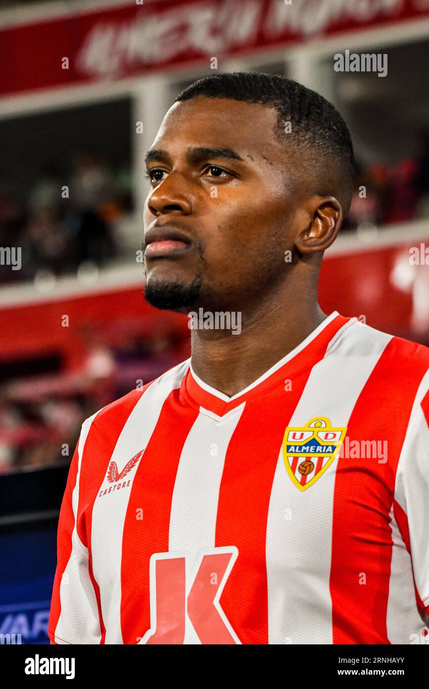 Almeria, Almeria, Spain. 1st Sep, 2023. ALMERIA, SPAIN - SEPTEMBER 1: Sergio Akieme of UD Almeria at the start of the match between UD Almeria and RC Celta de Vigo of La Liga EA Sports on September 1, 2023 at Power Horse Stadium in Almeria, Spain. (Credit Image: © Samuel CarreÃ±O/PX Imagens via ZUMA Press Wire) EDITORIAL USAGE ONLY! Not for Commercial USAGE! Stock Photo
