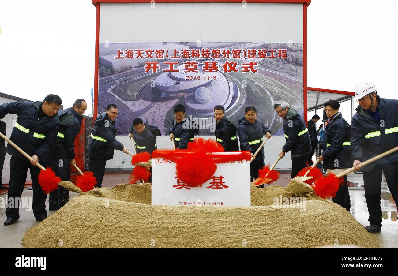 (161108) -- SHANGHAI, Nov. 8, 2014 -- Guests attend the foundation laying ceremony of the Shanghai Planetarium in Shanghai, east China, Nov. 8, 2016. Covering an area of 38,164 square meters, the planetarium will include a main building and ancillary constructions, such as an observation base for young people, a solar tower and observatory. Fang Zhe) (wsw) CHINA-SHANGHAI-PLANETARIUM-CONSTRUCTION (CN) Fangzhe PUBLICATIONxNOTxINxCHN   Shanghai Nov 8 2014 Guests attend The Foundation Laying Ceremony of The Shanghai Planetarium in Shanghai East China Nov 8 2016 covering to Area of 38 164 Square ME Stock Photo