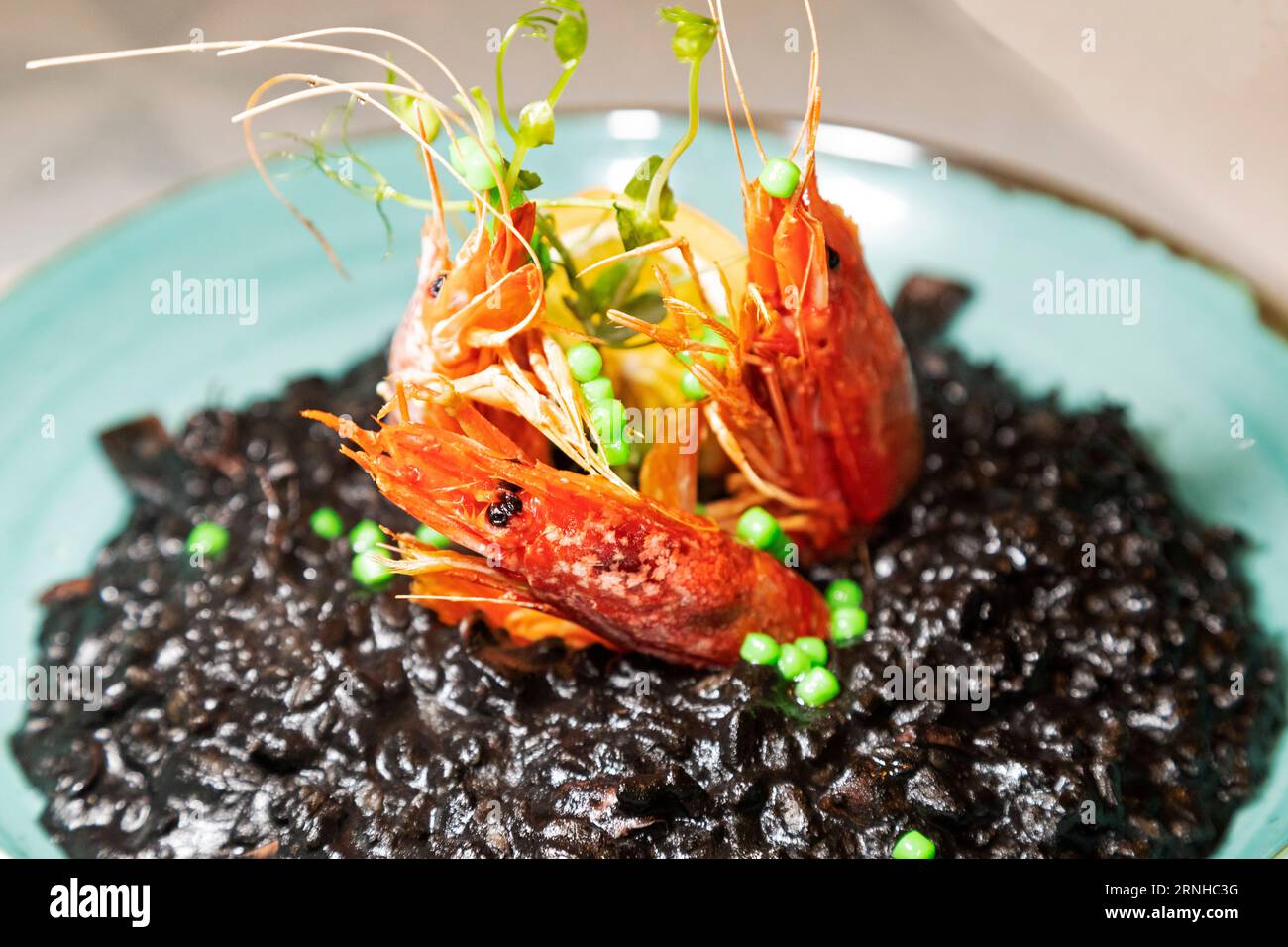 Black risotto served with prawns in Valletta, Malta. The dish is coloured black by squid ink. Stock Photo