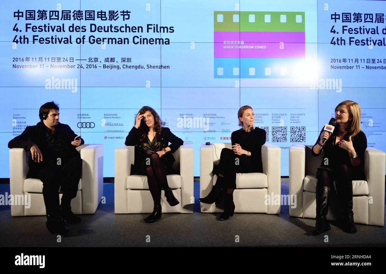 (161111)-- BEIJING, Nov. 11, 2016 -- German directors attend a press conference at the opening of the 4th Festival of German Cinema in China, in Beijing, capital of China, Nov. 11, 2016. The 4th Festival of German Cinema in China opened here Friday, bringing 12 contemporary German films to three Chinese cities including Beijing, Chengdu and Shenzhen, lasting till Nov. 24. The event is jointly presented by German Films and the Goethe-Institut China with the theme When Tomorrow Comes . ) CHINA-BEIJING-FESTIVAL OF GERMAN CINEMA (CN) WangxQingqin PUBLICATIONxNOTxINxCHN   161111 Beijing Nov 11 2016 Stock Photo