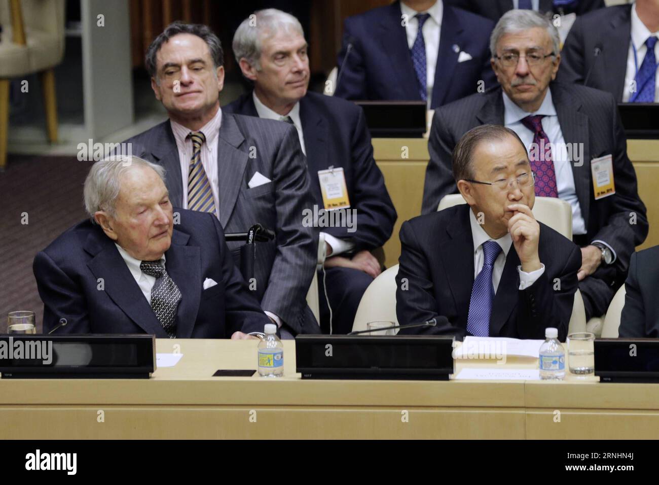 UNITED NATIONS, Nov. 29, 2016 -- United Nations Secretary-General Ban Ki-moon (front, R) and David Rockefeller (front,L) attend a memorial for Joseph Verner Reed at the United Nations headquarters in New York, the United States, Nov. 29, 2016. The United Nations on Tuesday held a memorial to pay tribute to Joseph Verner Reed, a U.S. veteran diplomat who served in 1987 as the UN under-secretary-general to head the then UN Department of Political and General Assembly Affairs. ) (gj) UN-NEW YORK-JOSEPH REED-MEMORIAL LixMuzi PUBLICATIONxNOTxINxCHN   United Nations Nov 29 2016 United Nations Secret Stock Photo