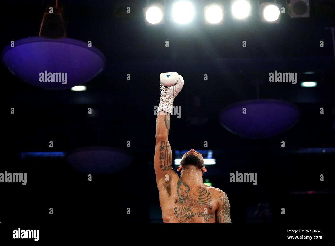 Lyndon Arthur celebrates after victory in the IBO World Light Heavyweight bout against Braian Nahuel Suarez at the Toughsheet Community Stadium, Bolton. Picture date: Friday September 1, 2023. Stock Photo