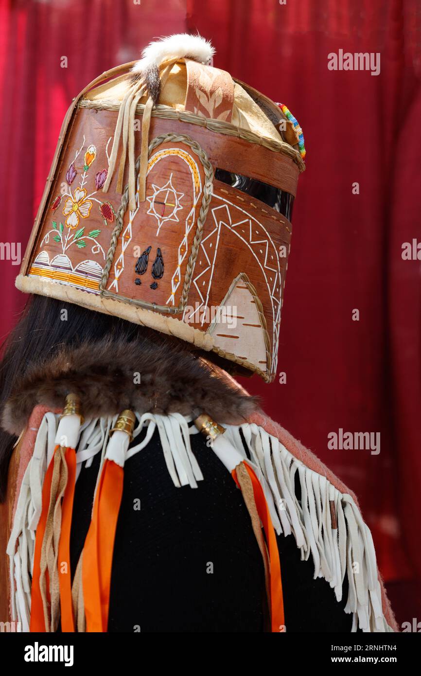 A young girl from a Native American tribe competes for best regalia at the Santa Fe Indian Market 2023 Stock Photo