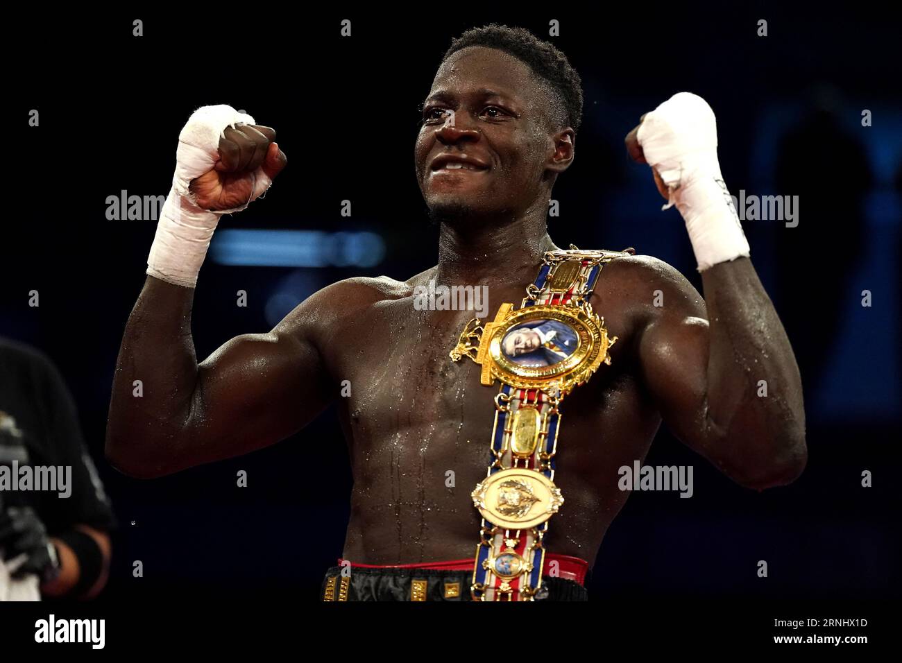 Samuel Antwi celebrates victory against Mason Cartwright in the BBBofC  British Super Welterweight bout via knock out at the Toughsheet Community  Stadium, Bolton. Picture date: Friday September 1, 2023 Stock Photo - Alamy