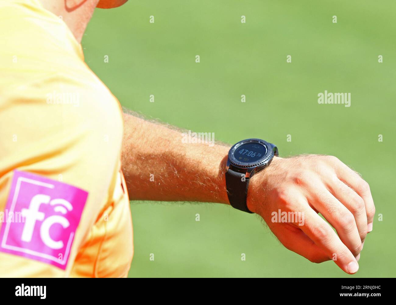 Uzhhorod, Ukraine - August 27, 2023: Referee Dmytro Panchyshyn looks at his watch during the VBET Ukrainian Premier League game Minaj v Zorya Luhansk at Minaj arena in Uzhhorod, Ukraine Stock Photo