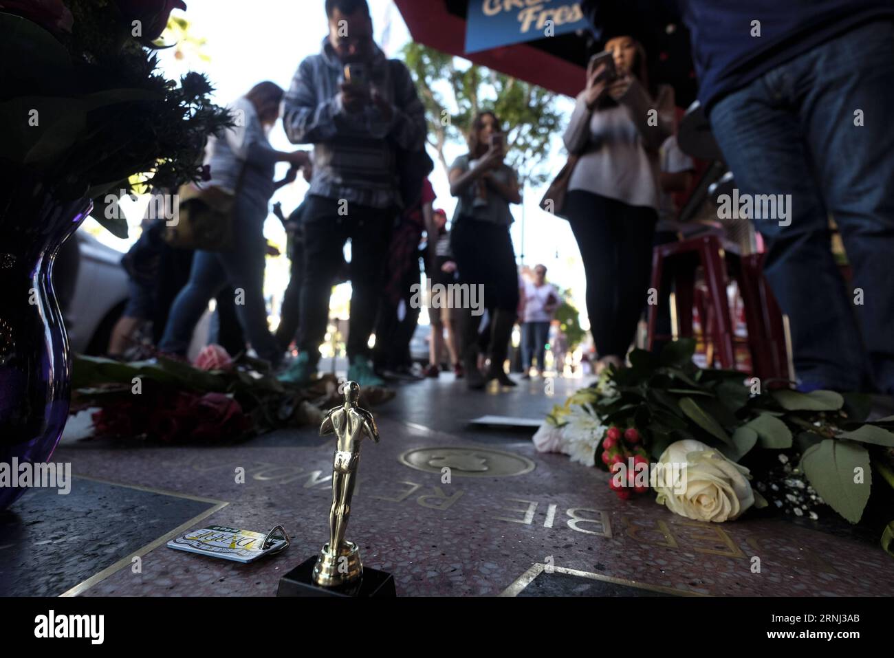 LOS ANGELES, Dec. 29, 2016 -- Flowers surround the Hollywood Walk of Fame star of Debbie Reynolds, in Los Angeles, California, the United States, on Dec. 29, 2016. Hollywood star Debbie Reynolds died of stroke Wednesday at the age of 84, one day after her daughter Carrie Fisher s death. Carrie Fisher, the actress best known as Princess Leia in the Star Wars movie franchise, died at the age of 60 on Tuesday morning, after suffering a heart attack on a flight last Friday. ) (zw) U.S.-LOS ANGELES-DEBBIE REYNOLDS-CARRIE FISHER-WALK OF FAME-CONDOLENCE ZhaoxHanrong PUBLICATIONxNOTxINxCHN   Los Angel Stock Photo