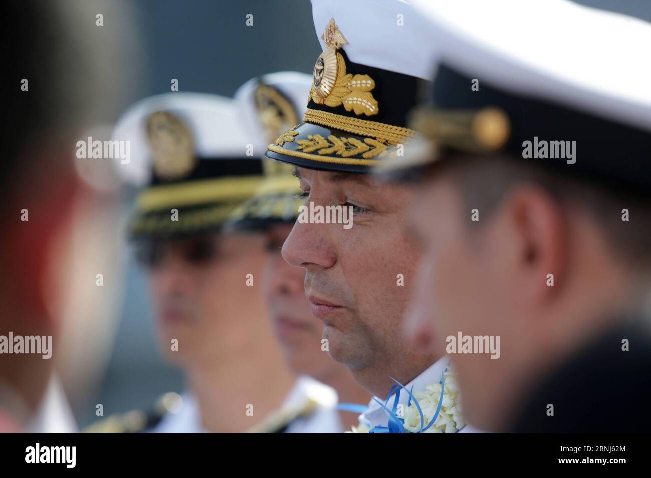 (170103) -- MANILA, Jan. 3, 2017 -- Rear Adm. Eduard Mikhailov (C), deputy commander of the Flotilla of Russian Navy Pacific Fleet, speaks to the media at a pier in Manila, the Philippines, Jan. 3, 2017. A Russian anti-submarine destroyer and a replenishment vessel have docked in Manila for a goodwill visit, the Philippine military said on Tuesday. )(zcc) PHILIPPINES-MANILA-RUSSIAN NAVY SHIPS-VISIT RouellexUmali PUBLICATIONxNOTxINxCHN   Manila Jan 3 2017 Rear ADM Eduard Mikhailov C Deputy Commander of The Flotilla of Russian Navy Pacific Fleet Speaks to The Media AT a Pier in Manila The Philip Stock Photo