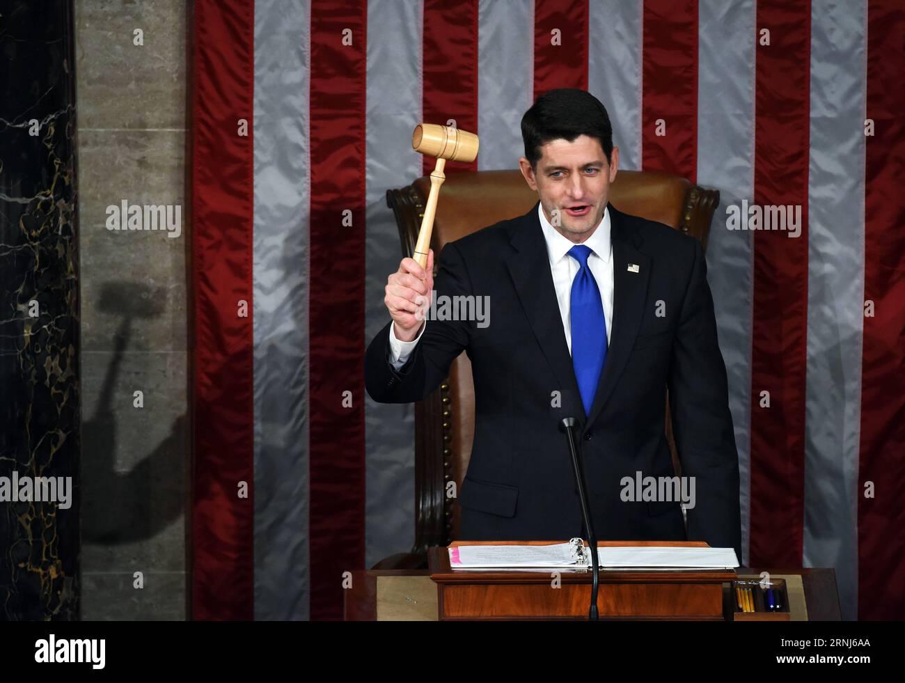 (170103) -- WASHINGTON, Jan. 3, 2017 -- Paul Ryan raises the gavel after being re-elected as House Speaker during the opening of the 115th U.S. Congress on Capitol Hill in Washington D.C., the United States, on Jan. 3, 2017. The 115th U.S. Congress convenes on Tuesday with Republican Paul Ryan re-elected as House Speaker as expected while outgoing Vice President Joe Biden presides over the old Senate chamber for the last time. ) U.S.-WASHINGTON D.C.-HOUSE SPEAKER-PAUL RYAN YinxBogu PUBLICATIONxNOTxINxCHN   Washington Jan 3 2017 Paul Ryan raises The gavel After Being right Elected As House Spea Stock Photo