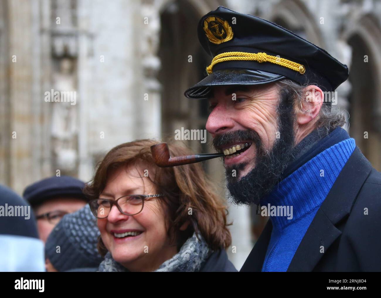 (170108) -- BRUSSELS, Jan. 8, 2017 -- A man cosplayed as Captain Archibald Haddock, a character of The Adventures of Tintin , attends the show in the Grand Place of Brussels, Belgium, Jan. 7, 2017. A comic character show of The Adventures of Tintin was held in Brussels on Saturday. The Adventures of Tintin comics tell stories of a young Belgian reporter and explorer. They have been translated into dozens of languages and adapted for radio, television, theater and film. ) (zxj) BELGIUM-BRUSSELS- THE ADVENTURES OF TINTIN -SHOW GongxBing PUBLICATIONxNOTxINxCHN   Brussels Jan 8 2017 a Man  As Capt Stock Photo