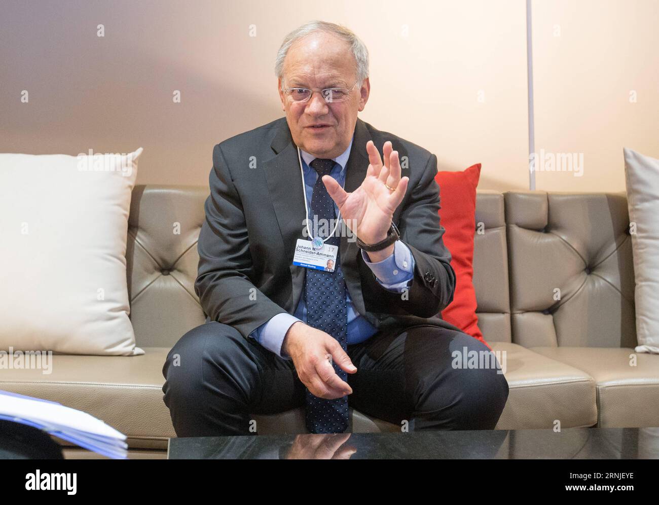 (170120) -- DAVOS, Jan. 20, 2017 () -- Swiss minister of Economic Affairs, Education and Research, Johann Schneider-Ammann, speaks during an interview with News Agency in Davos, Switzerland, Jan. 18, 2017. China and Switzerland have enjoyed a longstanding win-win partnership and China has an optimistic economic outlook, Johann Schneider-Ammann said here Wednesday. () (zw) SWITZERLAND-DAVOS-ECONOMY-INTERVIEW Xinhua PUBLICATIONxNOTxINxCHN   Davos Jan 20 2017 Swiss Ministers of Economic Affairs Education and Research Johann Schneider Ammann Speaks during to Interview With News Agency in Davos Swi Stock Photo