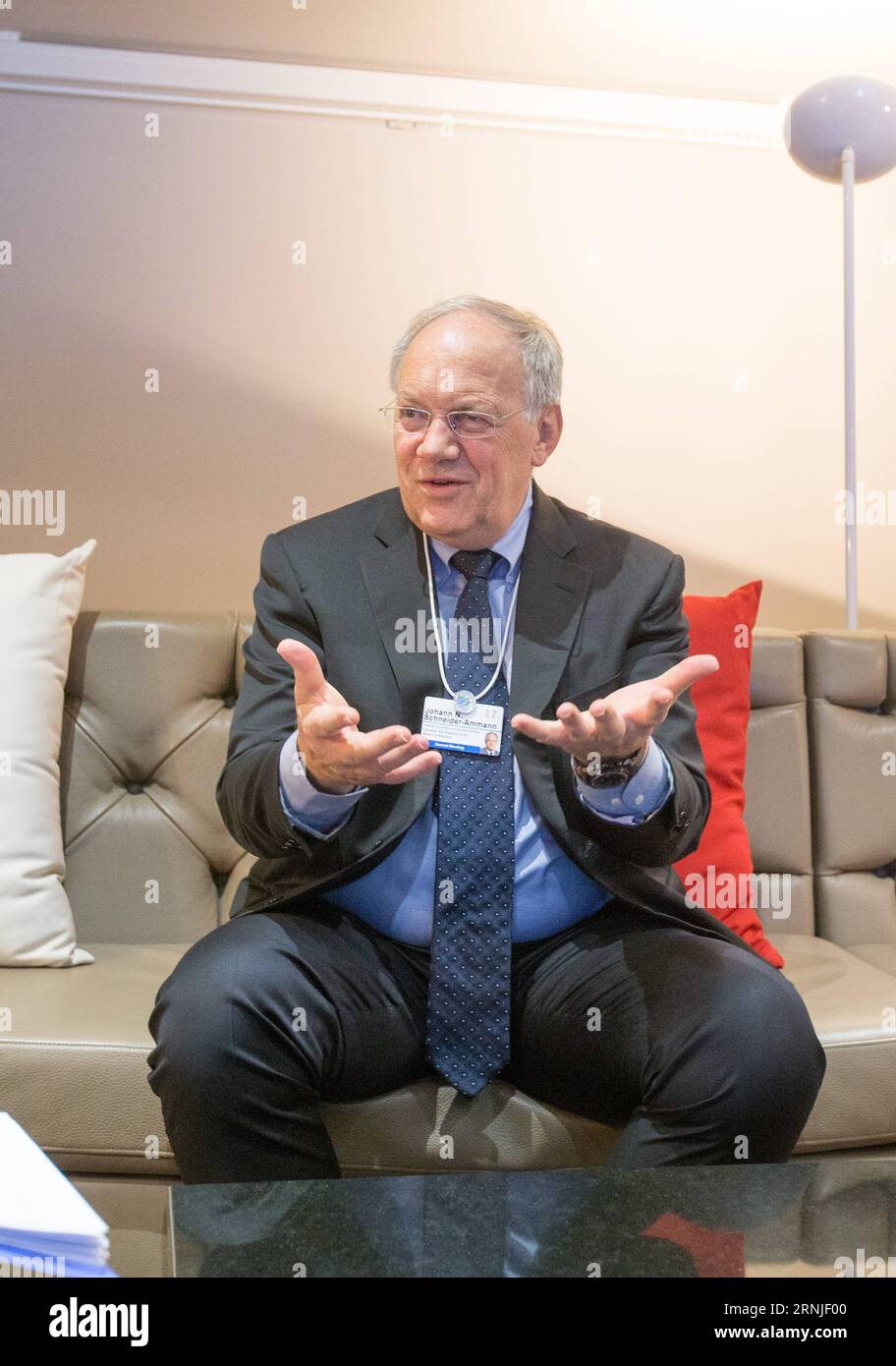 (170120) -- DAVOS, Jan. 20, 2017 () -- Swiss minister of Economic Affairs, Education and Research, Johann Schneider-Ammann, speaks during an interview with News Agency in Davos, Switzerland, Jan. 18, 2017. China and Switzerland have enjoyed a longstanding win-win partnership and China has an optimistic economic outlook, Johann Schneider-Ammann said here Wednesday. () (zw) SWITZERLAND-DAVOS-ECONOMY-INTERVIEW Xinhua PUBLICATIONxNOTxINxCHN   Davos Jan 20 2017 Swiss Ministers of Economic Affairs Education and Research Johann Schneider Ammann Speaks during to Interview With News Agency in Davos Swi Stock Photo
