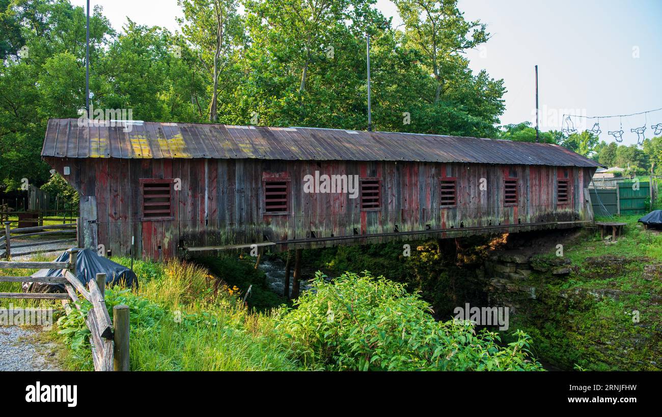 Bridge # 35-29-B Clifton Mill Covered Bridge crosses the Little Miami River on the property of Clifton Mill. Stock Photo