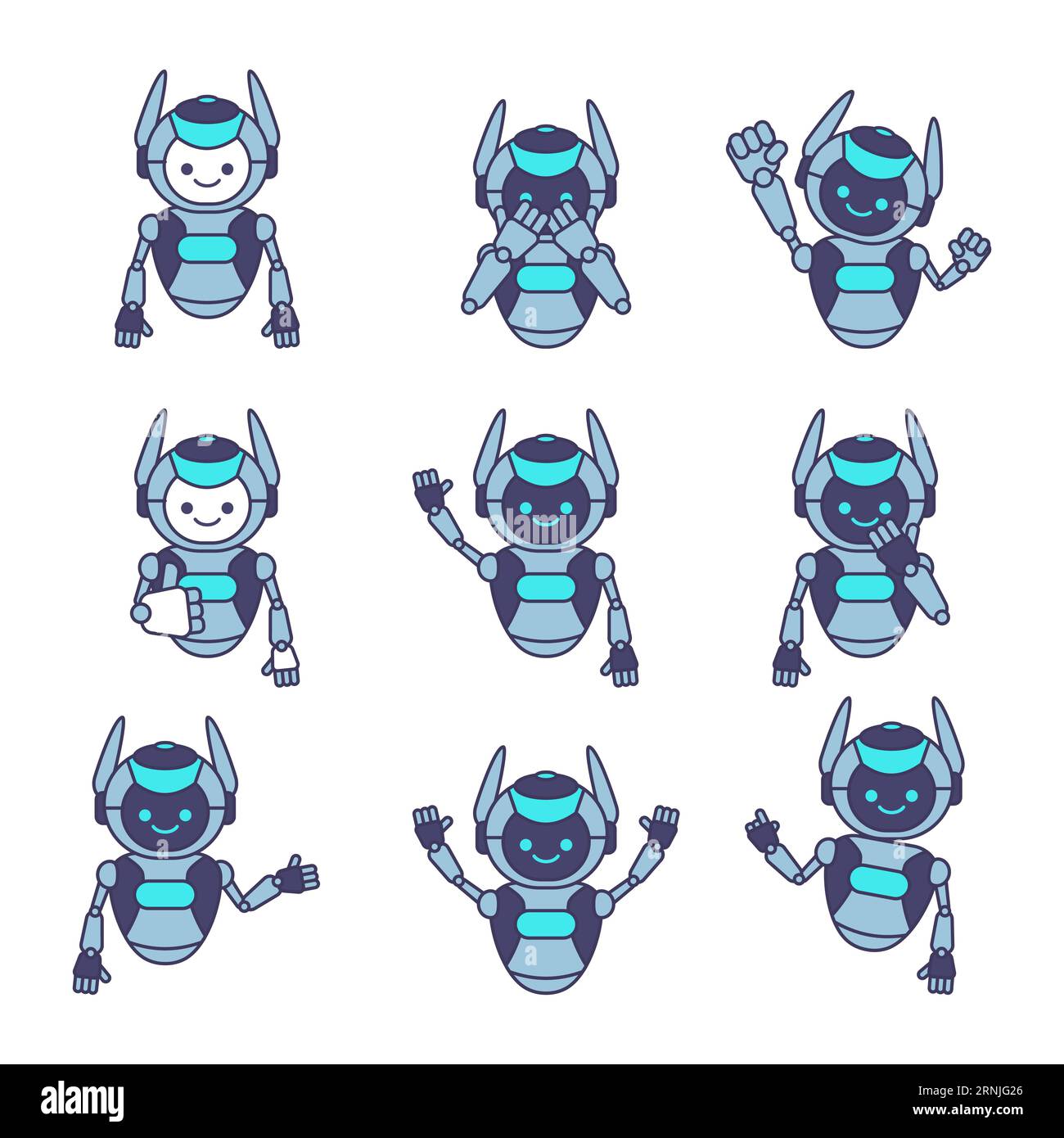 Robot character pose vector illustration. Robot cartoon set