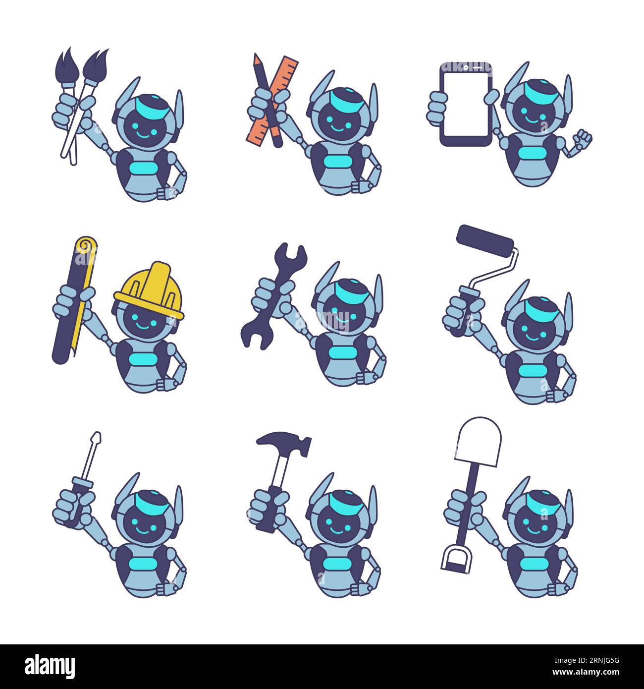 Robot character holding paintbrush, ruler and pencil, phone, blueprint paper, wrench, paint roller, screwdriver, hammer, shovel. Robot mascot vector i Stock Vector
