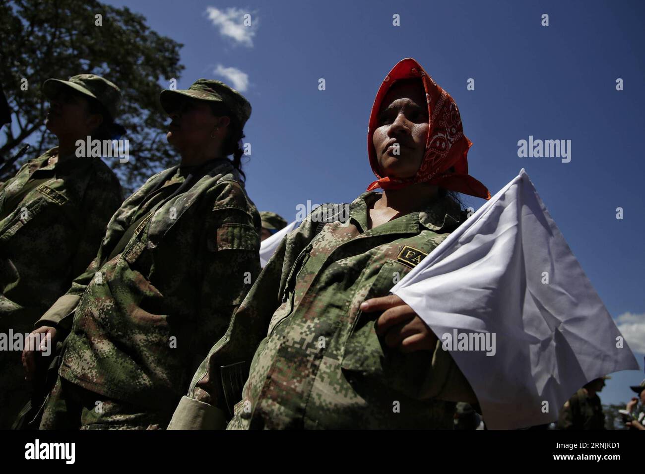 (170202) -- PONDORES, Feb. 1, 2017 -- Women of the Caribbean bloc of the Revolutionary Armed Forces of Colombia (FARC) stand in the transition zone in Pondores, La Guajira department, Colombia, on Feb. 1, 2017. Colombia s FARC rebels have begun their final march towards designated transition zones, where they will lay down their weapons as part of a peace deal reached with the government, local media reported. Luisa Gonzalez/COLPRENSA) (da) (fnc) (cl) MANDATORY CREDIT NO SALES-NO ARCHIVE EDITORIAL USE ONLY COLOMBIA OUT COLOMBIA-PONDORES-POLITICS-FARC e COLPRENSA PUBLICATIONxNOTxINxCHN   Feb 1 Stock Photo