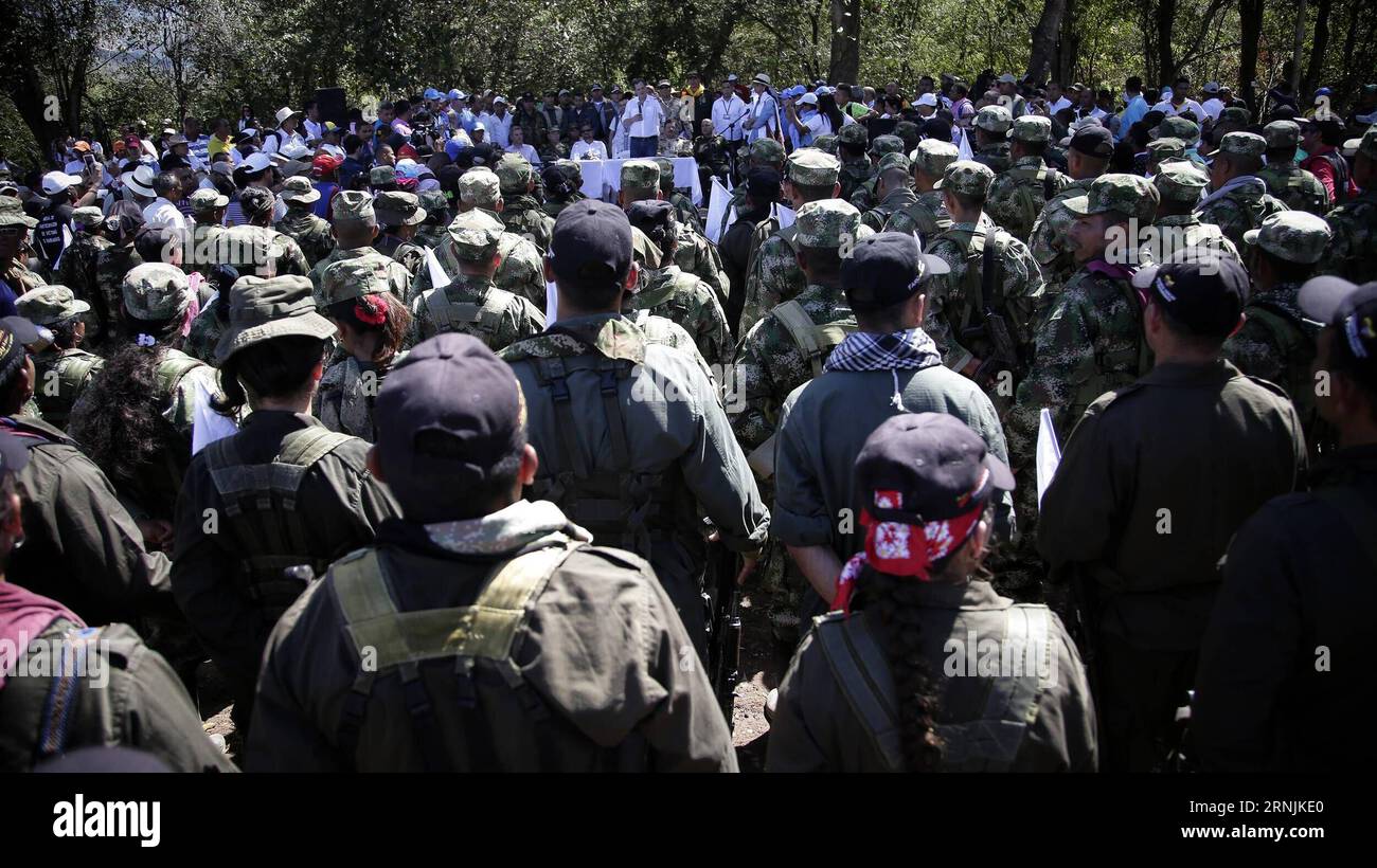 (170202) -- PONDORES, Feb. 1, 2017 -- Members of the Caribbean bloc of the Revolutionary Armed Forces of Colombia (FARC) gather at the transition zone in Pondores, La Guajira department, Colombia, on Feb. 1, 2017. Colombia s FARC rebels have begun their final march towards designated transition zones, where they will lay down their weapons as part of a peace deal reached with the government, local media reported. Luisa Gonzalez/COLPRENSA) (da) (fnc) (cl) MANDATORY CREDIT NO SALES-NO ARCHIVE EDITORIAL USE ONLY COLOMBIA OUT COLOMBIA-PONDORES-POLITICS-FARC e COLPRENSA PUBLICATIONxNOTxINxCHN   Feb Stock Photo