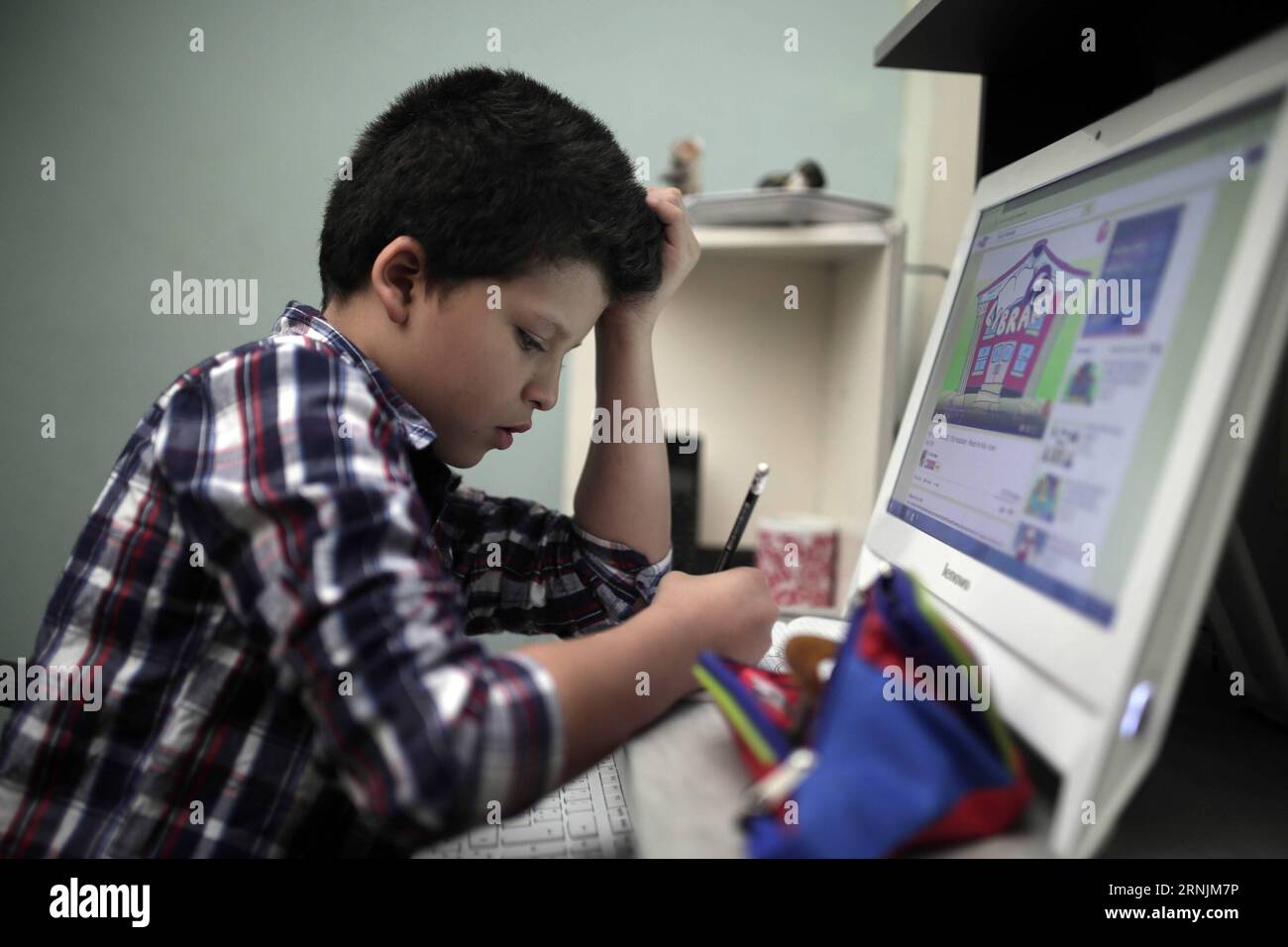 Andres, 10 years old, does his homework at his house in Bogota, Colombia, on Feb. 3, 2017. Andres was diagnosed as Hodgkin s lymphoma five years ago and has received treatments like radiotherapies and chemotherapies since then. Thanks to various foundations which support families with children in cancer, Andres receives psychological and economic support through sponsorship programs. The World Cancer Day is commemorated on Feb. 4. Jhon Paz) (gj) COLOMBIA-BOGOTA-WORLD CANCER DAY-FEATURE e Jhonpaz PUBLICATIONxNOTxINxCHN   Andres 10 Years Old does His homework AT His House in Bogota Colombia ON F Stock Photo