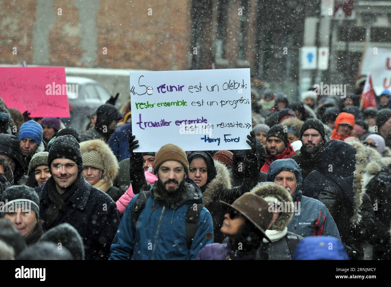 Anschlag in Quebec - Pro-muslimische Demonstration (170205) -- MONTREAL, Feb. 4, 2017 -- People take to the street to show solidarity with the Muslim community in Quebec city, where six Muslim people were killed in a terrorist attack last Sunday, in Montreal, Canada, Feb. 4, 2017. ) (sxk) CANADA-MONTREAL-QUEBEC TERRORIST ATTACK-RALLY KadrixMohamed PUBLICATIONxNOTxINxCHN   Stop in Quebec pro Muslim Demonstration  Montreal Feb 4 2017 Celebrities Take to The Street to Show Solidarity With The Muslim Community in Quebec City Where Six Muslim Celebrities Were KILLED in a Terrorist Attack Load Sunda Stock Photo