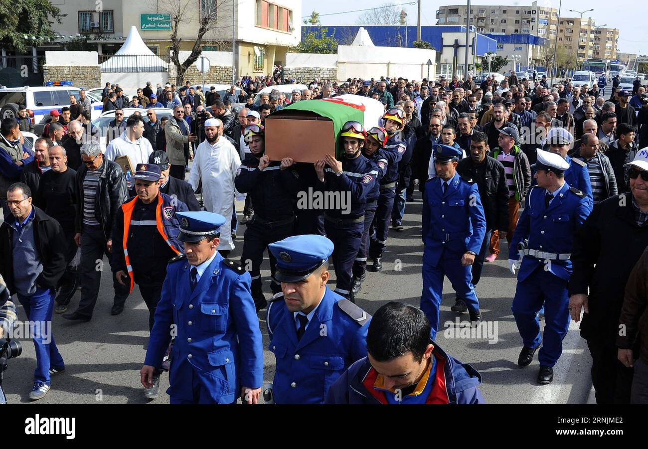 (170205) -- ALGIERS, Feb. 4, 2017 -- People escort the coffins containing bodies of the two Algerians killed in the terrorist attack on the Islamic Cultural Center of Quebec in Canada, to the burial site in Algiers, Algeria on Feb. 4, 2017. Three masked gunmen broke into a mosque in Quebec last Sunday evening, killing six people and injuring eight others. () (sxk) ALGERIA-ALGIERS-VICTIMS OF TERRORIST ATTACK-RETURN HOME Algiersxsuburb PUBLICATIONxNOTxINxCHN   Algiers Feb 4 2017 Celebrities Escort The Coffin containing Bodies of The Two Algerian KILLED in The Terrorist Attack ON The Islamic Cult Stock Photo