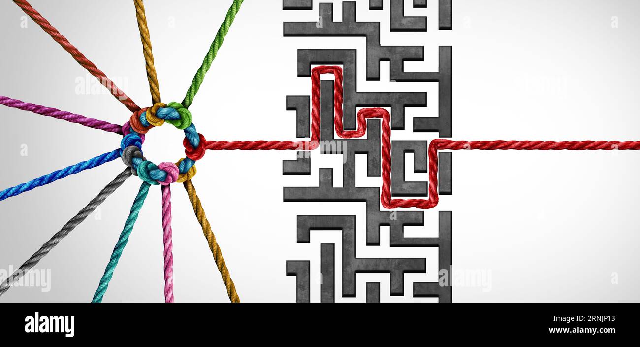 Team leadership success and strategic business solution as a group of connected diverse ropes solving a problem finding a path through a maze obstacle Stock Photo