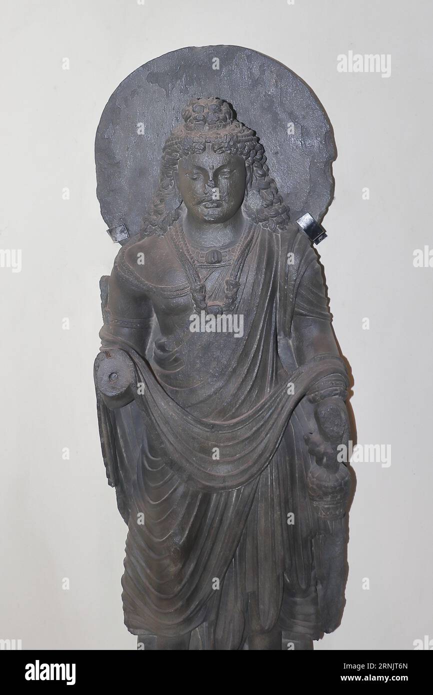 Kolkata, West Bengal, India - 29th August 2023: Ancient Gandhara style (Indo-Greco or Greco-Buddhist art) Lord Buddha statue at Kolkata Museum Stock Photo