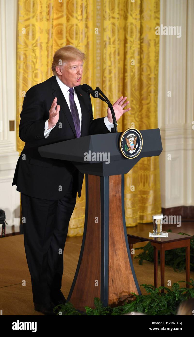 (170213) -- WASHINGTON, Feb. 13, 2017 -- U.S. President Donald Trump speaks at a joint press conference with visiting Canadian Prime Minister Justin Trudeau (not in the picture) at the White House in Washington D.C., the United States, on Feb. 13, 2017. U.S. President Donald Trump on Monday vowed to deal with Democratic People s Republic of Korea (DPRK) very strongly , calling the Asian country a big, big problem. ) U.S.-WASHINGTON D.C.-TRUMP-CANADA-TRUDEAU-PRESS CONFERENCE YinxBogu PUBLICATIONxNOTxINxCHN   Washington Feb 13 2017 U S President Donald Trump Speaks AT a Joint Press Conference Wi Stock Photo