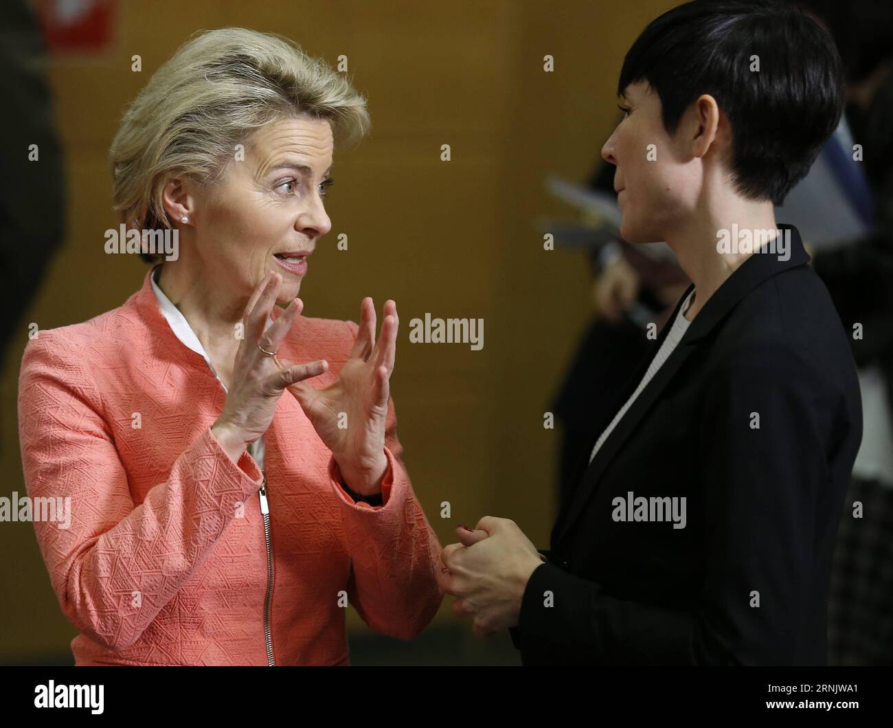(170215) -- BRUSSELS, Feb. 15, 2017 -- German Defense Minister Ursula von der Leyen (L) talks with her Norwegian counterpart Ine Marie Eriksen Soreide during a NATO Defence Ministers Meeting at its headquarters In Brussels, Belgium, Feb. 15, 2017. ) BELGIUM-BRUSSELS-NATO-DEFENCE MINISTER-MEETING YexPingfan PUBLICATIONxNOTxINxCHN   170215 Brussels Feb 15 2017 German Defense Ministers Ursula from the Leyen l Talks With her Norwegian Part ine Marie Eriksen Soreide during a NATO Defence Minister Meeting AT its Headquarters in Brussels Belgium Feb 15 2017 Belgium Brussels NATO Defence Ministers Mee Stock Photo
